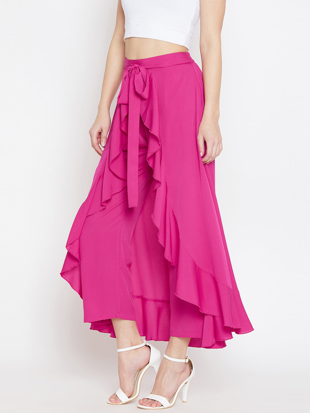 Pink Solid Ruffled Wrap Maxi Skirt with ...